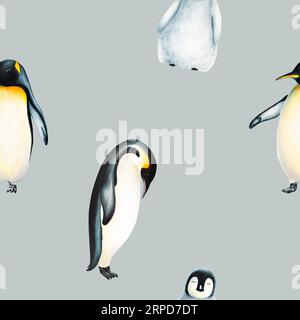 Watercolor seamless pattern with king penguin family isolated. Hand painting realistic Arctic and Antarctic ocean mammals. For designers, decoration, Stock Photo