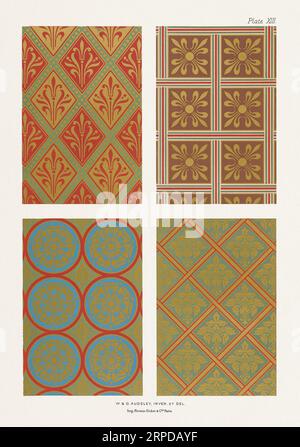 Medieval floral patterns in gold on rich coloured grounds. Stock Photo