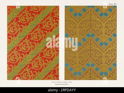 Medieval floral patterns in gold on rich coloured grounds. Stock Photo