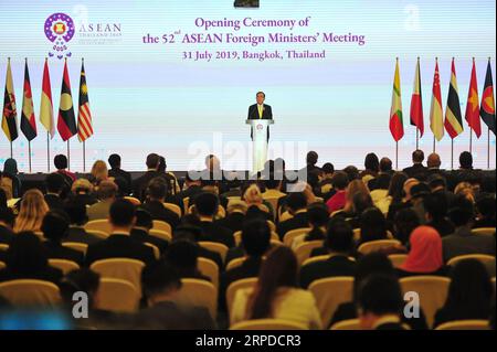 (190731) -- BANGKOK, July 31, 2019 (Xinhua) -- Thai Prime Minister Prayut Chan-o-cha addresses the opening ceremony of the 52nd ASEAN Foreign Ministers Meeting in Bangkok, Thailand, July 31, 2019. The opening ceremony of the 52nd ASEAN Foreign Ministers Meeting was held here. (Xinhua/Rachen Sageamsak) THAILAND-BANGKOK-ASEAN-FOREIGN MINISTERS MEETING PUBLICATIONxNOTxINxCHN Stock Photo