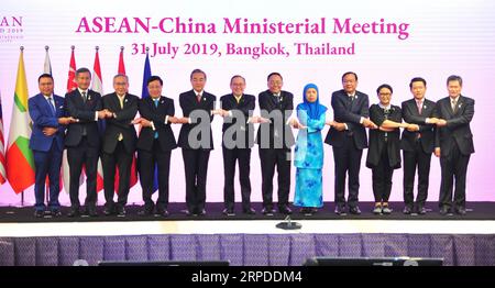 (190731) -- BANGKOK, July 31, 2019 (Xinhua) -- Chinese State Councilor and Foreign Minister Wang Yi (5th L) takes part in the China-ASEAN foreign ministers meeting in Bangkok, capital of Thailand, July 31, 2019. (Xinhua/Rachen Sageamsak) THAILAND-BANGKOK-CHINA-ASEAN-FM MEETING-WANG YI PUBLICATIONxNOTxINxCHN Stock Photo