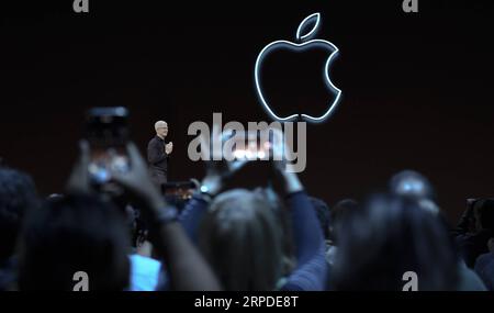 190801 -- BEIJING, Aug. 1, 2019 -- Apple CEO Tim Cook hosts Apple s Worldwide Developer Conference WWDC in San Jose, California, the United States, June 3, 2019. Xinhua Headlines: The digital tax is re-aggravating EU-U.S. trade tensions ZhengxHuansong PUBLICATIONxNOTxINxCHN Stock Photo