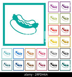 Hot dog flat color icons with quadrant frames on white background Stock Vector