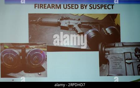 (190804) -- DAYTON (U.S.), Aug. 4, 2019 -- Photos of the firearm used by the suspect is shown on a screen during a press briefing about the mass shooting in Dayton of Ohio, the United States, on Aug. 4, 2019. Local police on Sunday identified the suspect of a shooting spree in the city of Dayton, U.S. state of Ohio, as Connor Betts, a 24-year-old white male. In a press conference, Dayton Mayor Nan Whaley said it took less than a minute for the shooter to claim the lives of nine people, including Betts 22-year-old sister Megan Betts, before being killed by the police. ) U.S.-OHIO-DAYTON-MASS SH Stock Photo