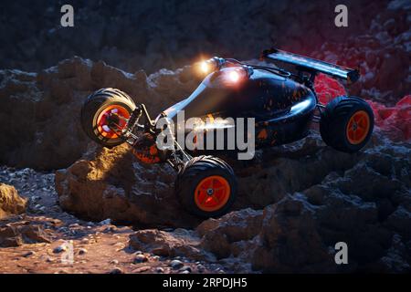 Remote-controlled car standing on rocks during the night with headlights on 4KHD Stock Photo