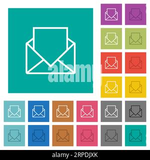 Open mail with blank letter outline multi colored flat icons on plain square backgrounds. Included white and darker icon variations for hover or activ Stock Vector