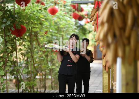 (190808) -- BEIJING, Aug. 8, 2019 -- Staff members serve dishes at a restaurant in Longwangba Village of Xiji County in Guyuan, northwest China s Ningxia Hui Autonomous Region, Aug. 30, 2018. China has seen rapid income and consumption growth in rural areas over the past 70 years, according to a report from the National Bureau of Statistics (NBS). In 2018, rural per capita disposable income had increased 40 times from 1949 to stand at 14,617 yuan (about 2,088 U.S. dollars) in real terms after deducting price factors, up 5.5 percent on average annually, the NBS said. The country s urban-rural i Stock Photo