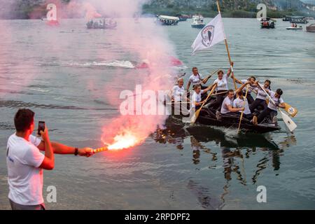 (190810) -- BEIJING, Aug. 10, 2019 -- Women participate in the traditional Women s Small Boat Marathon on Neretva River near Metkovic, Croatia, Aug. 8, 2019. (/Pixsell via Xinhua) XINHUA PHOTOS OF THE DAY GrgoxJelavic PUBLICATIONxNOTxINxCHN Stock Photo