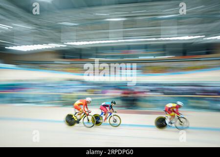 (190810) -- BEIJING, Aug. 10, 2019 -- Cyclists compete during the cycling track men s omnium at the 2nd Youth Games of the People s Republic of China in Taiyuan, north China s Shanxi Province, on Aug. 9, 2019. ) XINHUA PHOTOS OF THE DAY JuxHuanzong PUBLICATIONxNOTxINxCHN Stock Photo