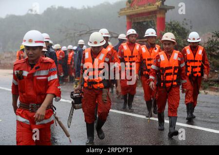 (190810) -- YANGON, Aug. 10, 2019 -- Rescuers set off to the site of monsoon landslide in Paung Township, Mon state, Myanmar, Aug. 10, 2019. Death toll from Friday s monsoon landslide had risen to 29 so far in Myanmar s Mon state, according to the latest figures released by the Myanmar Fire Services Department on Saturday. Caused by heavy monsoon rainfall, Paung, Mawlamyine, Mudon, Thanbyuzayat, Kyaikmaraw, Ye townships were flooded. ) MYANMAR-MON STATE-MONSOON LANDSLIDE UxAung PUBLICATIONxNOTxINxCHN Stock Photo
