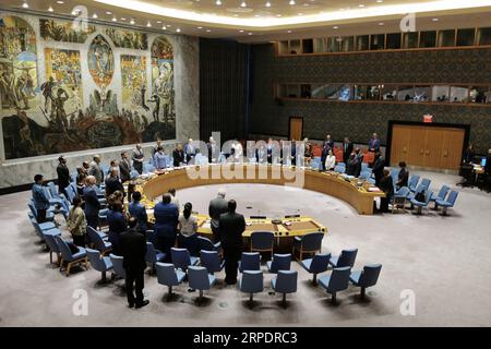 (190810) -- UNITED NATIONS, Aug. 10, 2019 -- The United Nations Security Council observes a minute of silence to the three UN staff members killed in the Benghazi car bomb attack at the UN headquarters in New York, Aug. 10, 2019. United Nations Secretary-General Antonio Guterres on Saturday condemned the car bomb attack in Benghazi, Libya, in which three UN staff members were killed. ) UN-SECURITY COUNCIL-LIBYA-CAR BOMB LixMuzi PUBLICATIONxNOTxINxCHN Stock Photo