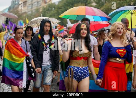 (190810) -- PRAGUE, Aug. 10, 2019 (Xinhua) -- People participate in the Pride Parade in Prague, capital of the Czech Republic, on Aug. 10, 2019. Hundreds of thousands of participants took part in this annual event in Prague on Saturday. (Photo by Dana Kesnerova/Xinhua) CZECH REPUBLIC-PRAGUE-PRIDE PARADE PUBLICATIONxNOTxINxCHN Stock Photo
