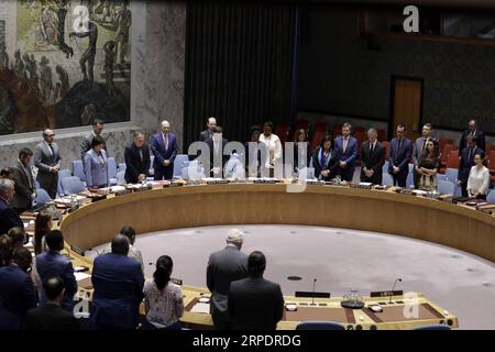 (190810) -- UNITED NATIONS, Aug. 10, 2019 -- The United Nations Security Council observes a minute of silence to the three UN staff members killed in the Benghazi car bomb attack at the UN headquarters in New York, Aug. 10, 2019. United Nations Security Council on Saturday strongly condemned the car bomb attack in Benghazi, Libya, in which three UN staff members were killed and several others injured. ) UN-SECURITY COUNCIL-EMERGENCY MEETING-LIBYA LixMuzi PUBLICATIONxNOTxINxCHN Stock Photo