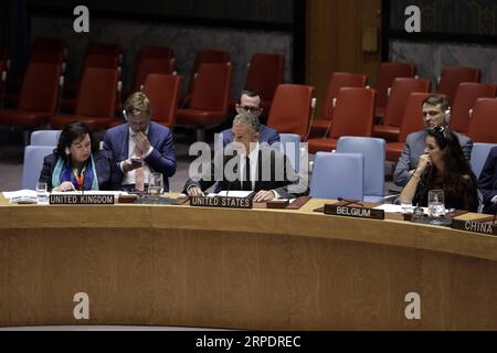 (190810) -- UNITED NATIONS, Aug. 10, 2019 -- Jonathan Cohen (C, front), acting U.S. permanent representative to the United Nations, addresses a Security Council emergency meeting on the situation in Libya at the UN headquarters in New York, Aug. 10, 2019. United Nations Security Council on Saturday strongly condemned the car bomb attack in Benghazi, Libya, in which three UN staff members were killed and several others injured. ) UN-SECURITY COUNCIL-EMERGENCY MEETING-LIBYA LixMuzi PUBLICATIONxNOTxINxCHN Stock Photo