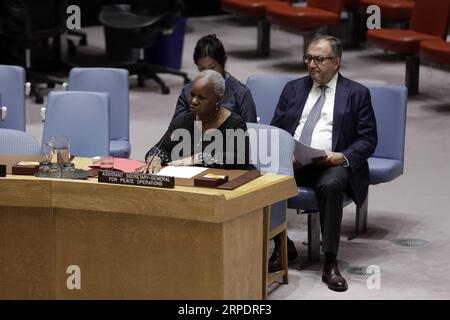 (190810) -- UNITED NATIONS, Aug. 10, 2019 -- Bintou Keita (front), Assistant Secretary-General for Africa in the UN Department of Political and Peacebuilding Affairs and Department of Peace Operations, briefs a Security Council emergency meeting on the situation in Libya at the UN headquarters in New York, Aug. 10, 2019. United Nations Security Council on Saturday strongly condemned the car bomb attack in Benghazi, Libya, in which three UN staff members were killed and several others injured. ) UN-SECURITY COUNCIL-EMERGENCY MEETING-LIBYA LixMuzi PUBLICATIONxNOTxINxCHN Stock Photo