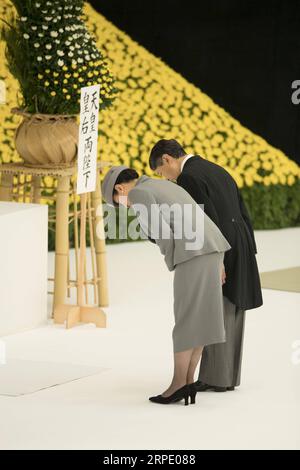 (190816) -- BEIJING, Aug. 16, 2019 -- Emperor Naruhito and Empress Masako attend an annual ceremony to mourn the lives lost during World War II in Tokyo, Japan, Aug. 15, 2019. Japan on Thursday marked the 74th anniversary of its surrender in World War II, with Emperor Naruhito expressing his deep remorse over Japan s wartime acts. ) XINHUA PHOTOS OF THE DAY DuxXiaoyi PUBLICATIONxNOTxINxCHN Stock Photo
