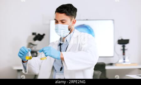 Scientist and research or medical engineer doing experiments to create a cure in a lab while wearing a mask. Healthcare professional working with Stock Photo