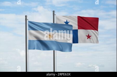 Panama flag and Argentina flag waving together on blue sky, two country cooperation concept Stock Photo