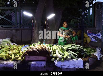 (190819) -- NEW DELHI, Aug. 19, 2019 -- A vendor sells vegetables on the sunday market in New Delhi, India, Aug. 18, 2019. Many night markets open on the weekends in New Delhi, attracting a number of customers for the fresh products at a lower price. ) INDIA-NEW DELHI-SUNDAY MARKET ZhangxNaijie PUBLICATIONxNOTxINxCHN Stock Photo