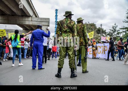 Nairobi, Kenya. 04th Sep, 2023. Police officers maintain law and order during an African climate protest in the streets of Nairobi. The Africa Climate Summit aims at championing a green growth agenda and exploring climate finance solutions, not only for Africa but also for the global community. Credit: SOPA Images Limited/Alamy Live News Stock Photo