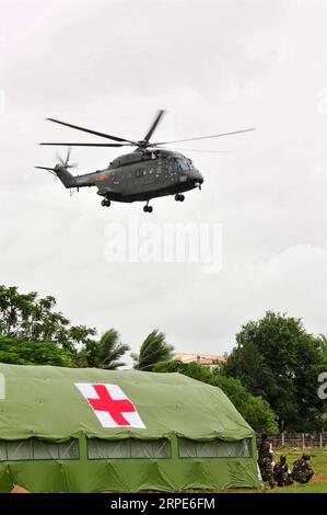 (190819) -- VIENTIANE, Aug. 19, 2019 -- The Chinese People s Liberation Army (PLA) s Z-8G rescue helicopter participates in the Peace Train-2019 China-Laos humanitarian and medical joint rescue exercise in the northern suburbs of Lao capital Vientiane, Aug. 18, 2019. It is the first time for the Chinese helicopter to fly abroad to attend a joint health and logistic drill. ) LAOS-VIENTIANE-CHINA-ARMY-PEACE TRAIN-EXERCISE ZhangxJianhua PUBLICATIONxNOTxINxCHN Stock Photo