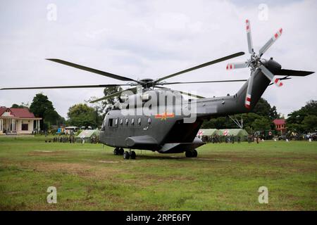 (190819) -- VIENTIANE, Aug. 19, 2019 -- The Chinese People s Liberation Army (PLA) s Z-8G rescue helicopter participates in the Peace Train-2019 China-Laos humanitarian and medical joint rescue exercise in the northern suburbs of Lao capital Vientiane, Aug. 18, 2019. It is the first time for the Chinese helicopter to fly abroad to attend a joint health and logistic drill. ) LAOS-VIENTIANE-CHINA-ARMY-PEACE TRAIN-EXERCISE XiongxTianze PUBLICATIONxNOTxINxCHN Stock Photo