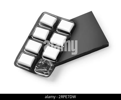 Black Blister with chewing gums on white background, top view with clipping path Stock Photo