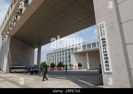 (190820) -- SHANGHAI, Aug. 20, 2019 -- Photo taken on Aug. 20, 2019 shows an exterior view of the Lingang area administrative committee in east China s Shanghai. The new Lingang area of the China (Shanghai) Pilot Free Trade Zone was officially launched Tuesday. The new section will match the standard of the most competitive free trade zones worldwide and will facilitate overseas investment and capital flows and realize the free flow of goods, according to the area s development plan. ) CHINA-SHANGHAI-FTZ-NEW AREA-OPENING (CN) FangxZhe PUBLICATIONxNOTxINxCHN Stock Photo