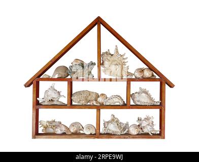 Home shape wooden  shelf on white ,decoration copy space, mock up, Stock Photo
