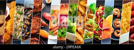 Food collage layout. A variety of dishes, a collection for a restaurant banner. International cuisine. Burger, salad and plates of Italian, Mexican, American cooked meals Stock Photo