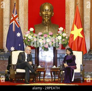 (190823) -- HANOI, Aug. 23, 2019 (Xinhua) -- Vietnamese Vice President Dang Thi Ngoc Thinh (R) meets with visiting Australian Prime Minister Scott Morrison in Hanoi, capital of Vietnam, Aug. 23, 2019. Vietnamese Prime Minister Nguyen Xuan Phuc and his visiting Australian counterpart Scott Morrison agreed here Friday on the importance of concluding negotiations on a modern, comprehensive, high-quality and mutually beneficial Regional Comprehensive Economic Partnership (RCEP) this year, Vietnam News Agency reported. (VNA News via Xinhua) VIETNAM-HANOI-AUSTRALIA-PRIME MINISTER-VISITING PUBLICATIO Stock Photo