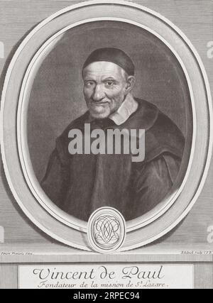 Saint Vincent de Paul 1581 – 1660.  French Catholic priest and Saint.  From a print by Gerard Edelinck after the painting by Simon François. Stock Photo