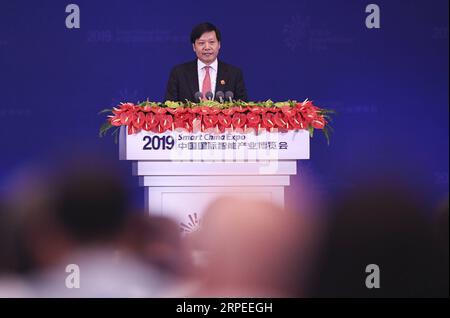(190826) -- CHONGQING, Aug. 26, 2019 -- Lei Jun, Chairman and CEO of Xiaomi Corporation, delivers a keynote speech at the Big Data and Smart Technology Summit of the 2019 Smart China Expo in southwest China s Chongqing Municipality, Aug. 26, 2019. ) (FinancialView) CHINA-CHONGQING-SMART CHINA EXPO-BIG DATA-SUMMIT-LEI JUN (CN) WangxQuanchao PUBLICATIONxNOTxINxCHN Stock Photo