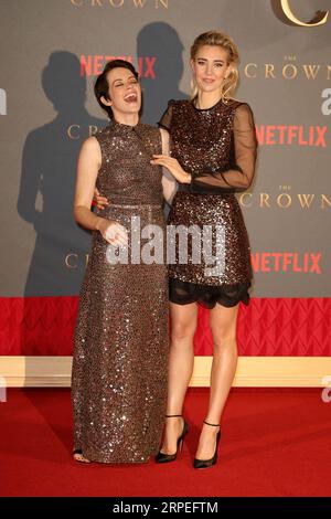 Claire Foy (left) and Matt Smith attending the season two premiere of The  Crown at the Odeon, Leicester Square, London Stock Photo - Alamy