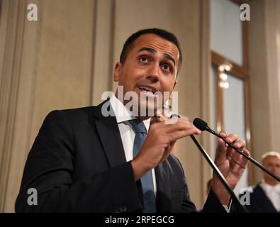 190828 -- ROME, Aug. 28, 2019 Xinhua -- Italy s Five Star Movement leader Luigi Di Maio speaks at the Palazzo del Quirinale in Rome, Italy, on Aug. 28, 2019. Italian president Sergio Mattarella will summon outgoing Prime Minister Giuseppe Conte on Thursday in order to ask him to try to form a new coalition government. Photo by Alberto Lingria/Xinhua ITALY-ROME-PRESIDENT-POLITICAL PARTIES-TALKS PUBLICATIONxNOTxINxCHN Stock Photo