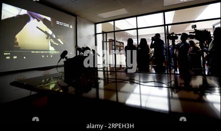 USA, Pressekonferenz nach Schüssen auf einen Chinesen in Los Angeles (190829) -- LOS ANGELES, Aug. 29, 2019 -- A video of the shooting event released by police is shown at a press conference in Los Angeles, the United States, Aug. 28, 2019. The family of a Chinese immigrant who was killed by U.S. police during a narcotics-related search operation is taking legal action against the police department of the city of Chino in California, said the attorneys for the family on Wednesday. Li Xi Wang, 49, was fatally shot by police as he was seen standing behind a door at a home in Chino on July 3, acc Stock Photo