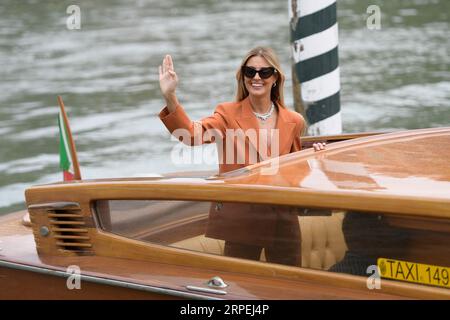 Venice, Italy. 04th Sep, 2023. Sveva Alviti arrives at the dock of the Hotel Excelsior on the Venice Lido for the 80th Venice Film festival 2023. Credit: SOPA Images Limited/Alamy Live News Stock Photo