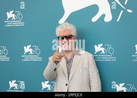 190830 -- BEIJING, Aug. 30, 2019 -- Spanish director Pedro Almodovar poses for photos during a photocall at the 76th Venice International Film Festival in Venice, Italy, on Aug. 29, 2019. Almodovar was awarded the Golden Lion for Lifetime Achievement at the 76th Venice International Film Festival on Thursday.  XINHUA PHOTOS OF THE DAY ChengxTingting PUBLICATIONxNOTxINxCHN Stock Photo