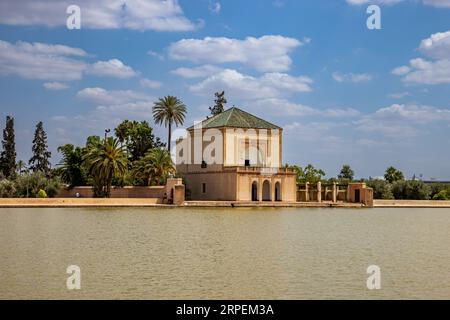 Morocco - Marrakech - UNESCO World Heritage - Menara gardens (Jardins de la Ménara) - Water reservoir and pavilion of the Menara Stock Photo