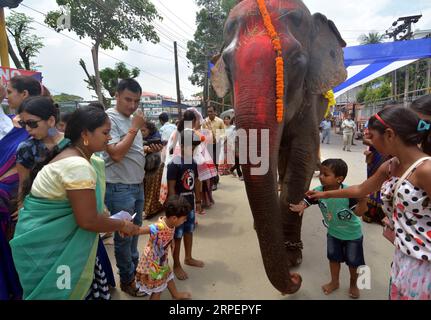 (190903) -- GUWAHATI, Sept. 3, 2019 (Xinhua) -- Devotees offer prayers to an elephant, the symbol of Lord Ganesha, during the Ganesh Chaturthi Festival celebration in Guwahati of Assam, India, on Sept. 2, 2019. (Str/Xinhua) INDIA-GUWAHATI-GANESH CHATURTHI FESTIVAL PUBLICATIONxNOTxINxCHN Stock Photo