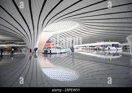(190905) -- BEIJING, Sept. 5, 2019 -- Photo taken on Sept. 4, 2019 shows an interior view of the Daxing International Airport in Beijing, capital of China. The new airport, which has completed a key check and a final review in its application for an operating license, will start operation in September. ) XINHUA PHOTOS OF THE DAY ZhangxChenlin PUBLICATIONxNOTxINxCHN Stock Photo