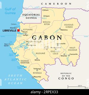 Gabon, political map. Gabonese Republic, with provinces. Central African country on Atlantic coast with capital Libreville. Stock Photo