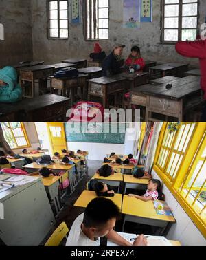 (190906) -- CHANGSHA, Sept. 6, 2019 -- Combo photo shows the classroom before renovation of the Shibadong Primary School in Shuanglong Town of Xiangxi Tujia and Miao Autonomous Prefecture, central China s Hunan Province, Feb. 14, 2014 (file photo) and students taking nap at the renovated classroom of the Shibadong Primary School on Sept. 5, 2019 ). Located in the deep mountains of Xiangxi, the rural primary school only has two teachers and 22 students from the school s kindergarten, first grade and second grade. The school s classrooms are also used as the rest room and dining room for student Stock Photo