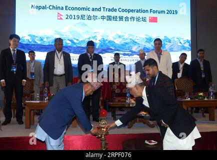(190908) -- KATHMANDU, Sept. 8, 2019 -- Nepal s Vice President Nanda Kishor Pun (front, L) inaugurates the Nepal-China Economic and Trade Cooperation Forum 2019 in Kathmandu, Nepal, Sept. 7,2019. The Embassy of Nepal to China and the Economic Joint Committee of China Commercial Stock Enterprises jointly organized the program Nepal-China Economic and Trade Cooperation Forum 2019 here on Saturday. (Photo by Sunil Sharma/Xinhua) NEPAL-KATHMANDU-CHINA-NEPAL-CHINA ECONOMIC AND TRADE COOPERATION FORUM 2019 SuxNier¤xiaerma PUBLICATIONxNOTxINxCHN Stock Photo