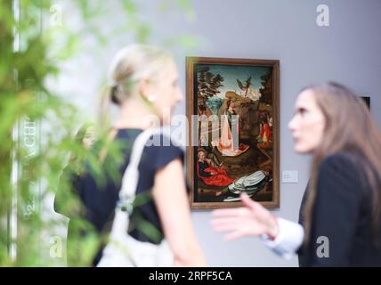 (190913) -- PARIS, Sept. 13, 2019 -- People visit an exhibition preview of the La Biennale Paris 2019 at the Grand Palais in Paris, France, Sept. 12, 2019. The 31st edition of La Biennale Paris kicked off on Friday at the Grand Palais in Paris. This year s exhibition attracted over 70 exhibitors showing their pieces of antique furniture, jewelry, paintings, clocks, watches, etc. ) FRANCE-PARIS-LA BIENNALE PARIS GaoxJing PUBLICATIONxNOTxINxCHN Stock Photo