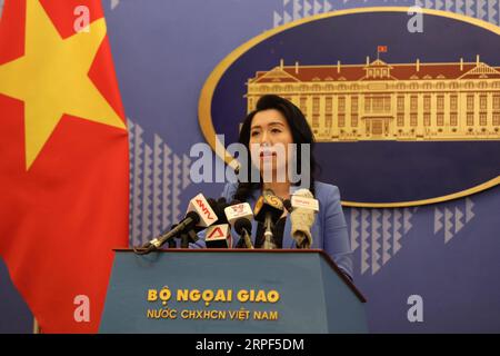 (190913) -- HANOI, Sept. 13, 2019 -- Le Thi Thu Hang, spokesperson of the Vietnamese Ministry of Foreign Affairs, speaks at a press conference in Hanoi, capital of Vietnam, Sept. 12, 2019. Vietnam respects the one country, two systems principle and relevant regulations, and hopes the situation in China s Hong Kong Special Administrative Region will return to normal soon, the spokesperson said on Thursday. She made the remarks when answering Xinhua s questions about the recent situation in Hong Kong. ) VIETNAM-HANOI-FM SPOKESPERSON-HONG KONG WangxDi PUBLICATIONxNOTxINxCHN Stock Photo