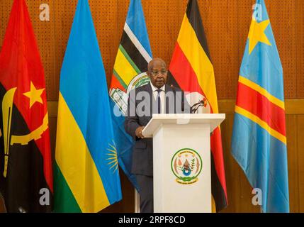 (190916) -- KIGALI, Sept. 16, 2019 (Xinhua) -- Ugandan Foreign Minister Sam Kutesa delivers remarks at the opening ceremony of the first meeting of the ad hoc commission of the memorandum of understanding (MoU) signed in August to cease hostilities between Uganda and Rwanda, in Kigali, capital of Rwanda, on Sept. 16, 2019. Rwanda and Uganda on Monday reiterated their commitment to refraining any act of destabilization against each other following deliberations at the first meeting of the ad hoc commission of the memorandum of understanding (MoU) signed in August to cease hostilities between th Stock Photo