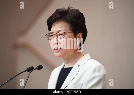 190917 -- HONG KONG, Sept. 17, 2019 Xinhua -- Chief Executive of China s Hong Kong Special Administrative Region HKSAR Carrie Lam speaks during a press briefing in south China s Hong Kong, Sept. 17, 2019. Lam said on Tuesday the HKSAR government will start its first session of the dialogue platform with the community next week amid efforts to stop violence and restore law and order in Hong Kong. Xinhua/Lui Siu Wai CHINA-HONG KONG-CARRIE LAM-DIALOGUE PLATFORM CN PUBLICATIONxNOTxINxCHN Stock Photo