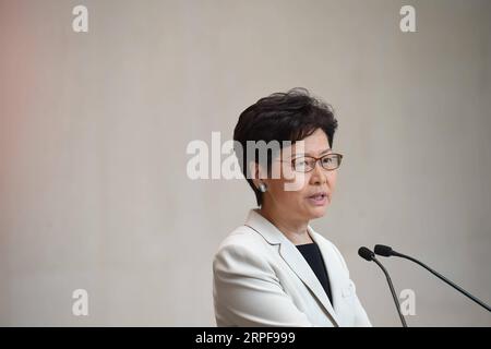 190917 -- HONG KONG, Sept. 17, 2019 Xinhua -- Chief Executive of China s Hong Kong Special Administrative Region HKSAR Carrie Lam speaks during a press briefing in south China s Hong Kong, Sept. 17, 2019. Lam said on Tuesday the HKSAR government will start its first session of the dialogue platform with the community next week amid efforts to stop violence and restore law and order in Hong Kong. Xinhua/Lui Siu Wai CHINA-HONG KONG-CARRIE LAM-DIALOGUE PLATFORM CN PUBLICATIONxNOTxINxCHN Stock Photo