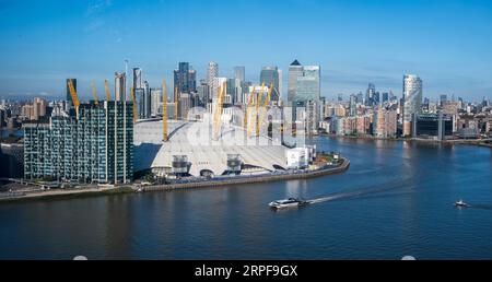 View of Greenwich Peninsula with O2 and skyline of London with Docklands Stock Photo